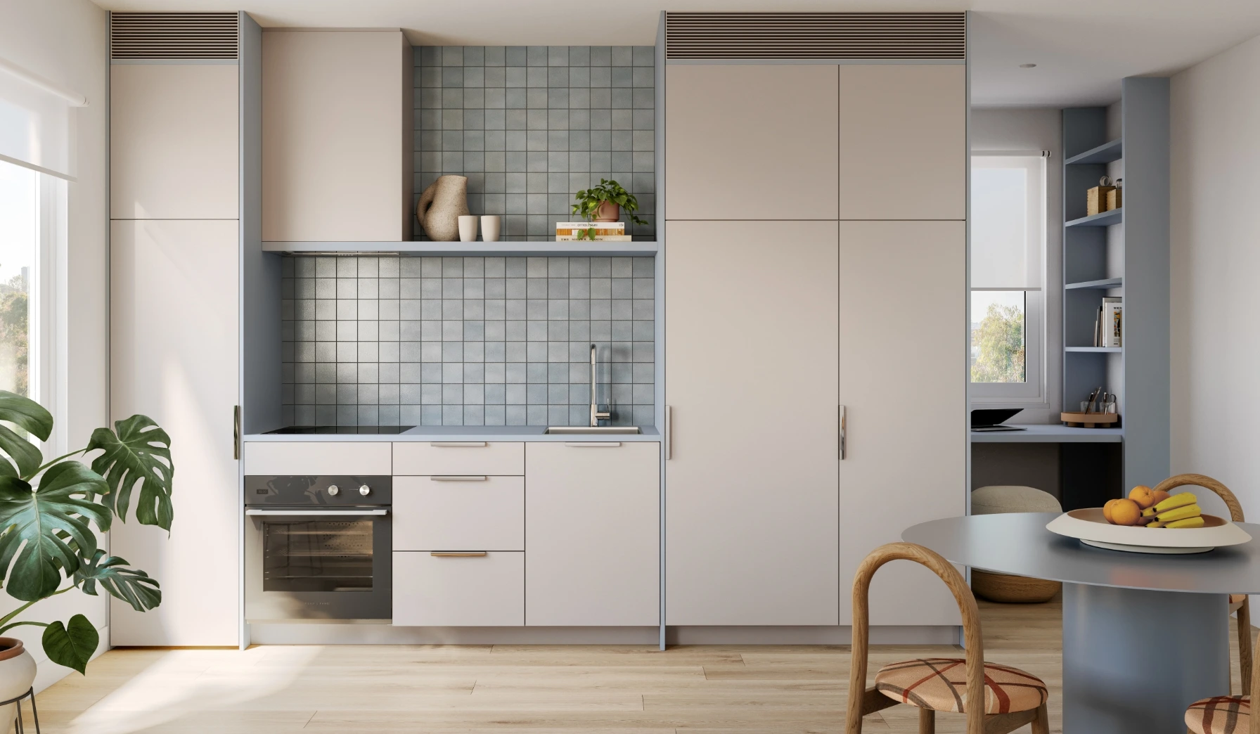 Cabinetry and rangehood in Laminex Coolum Sand, benchtop, shelf and study joinery in Laminex Macedon Mist